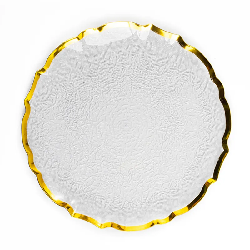 Grosir stok banyak piring dekoratif makan malam pernikahan piring pengisi daya akrilik bening dengan piring plastik elegan pelek emas