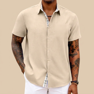 Camisa Casual de Verano para Hombre con Logotipo Personalizado, Manga Corta, Cuello con Ribete a Cuadros, Bolsillo Frontal, Algodón y Lino, para Playa o Boda, ODM - Product Image 1