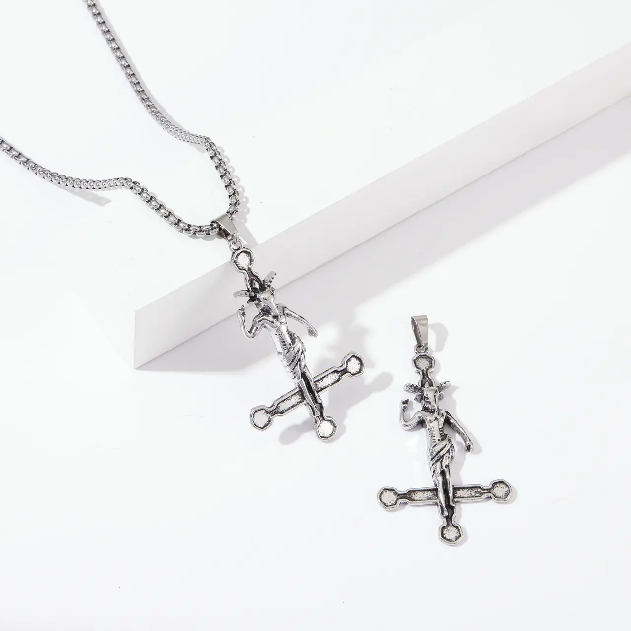 cross pendant necklace Vintage stainless steel satan goat inverted