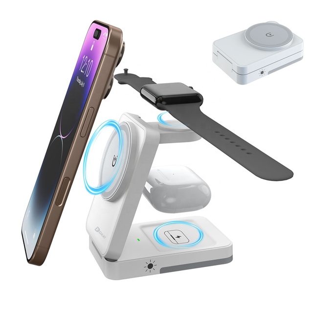 Portable Magnetic Wireless Charger Stand for iPhone iWatch AirPods 3 in 1 Foldable Earbuds Watch Phone Wireless Charger Station