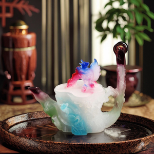 Couvercle d'écureuil sculpté exquis Liuli Jade théière Sculpture Style Antique motif floral décor Feng Shui richesse Collection pièce - Product Image 1