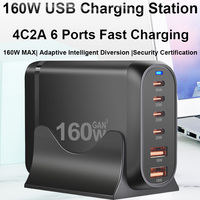 Chargeur USB C 160W GaN Station de charge rapide 6 ports Hub PD 65W Adaptateur chargeur pour MacBook DELL Steam Deck iPhone Galaxy