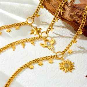 Stainless Steel Chunky Chain Necklace With Star Cross Wings Sun Pendant Sweater Chain Jewelry For Unisex Fashion - Product Image 1