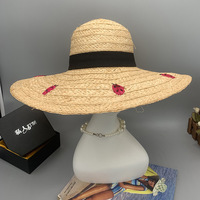 Sombreros de Sol para mujer, bordado de mariquita, sombreros de paja de rafia de ala ancha, sombrero flexible de playa plegable para mujer de verano para viajes al aire libre