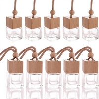 Diffuseur d'huiles essentielles en verre transparent vide de 8 ml, ornement de voiture carré, flacon de parfum d'aromathérapie, pendentif en bois