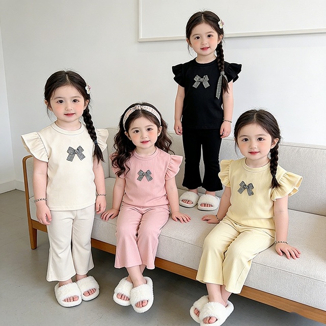 2026 New Fashion Summer 2pcs Short Sleeve Bow Sweet Girls Children's Clothing Set