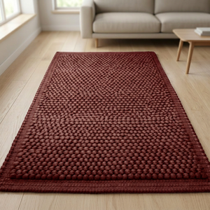 Tapis de salon rectangulaire moderne en laine faite à la main, à boucles longues et pompons, absorbant l'eau - Product Image 2
