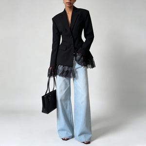 Blazer Nero da Donna <span class=keywords><strong>con</strong></span> Dettagli in <span class=keywords><strong>Pizzo</strong></span> e Bottoni - Giacca Elegante Slim Fit a Maniche Lunghe per Ufficio e Streetwear - Product Image 1