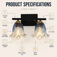 Lampu Cermin LED dengan Kap Lampu Kaca Bunga Biru Gradasi Elegan Nordik Modern, Dilengkapi Dudukan Dinding untuk Kamar Mandi dan Toilet Hotel