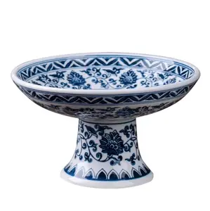 Grosir Aksesori Dekorasi Rumah Cina Biru dan Putih Piring Buah Kering Keramik Pengaturan Keranjang Buah Tinggi