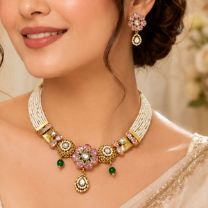 925 <b>Silver</b> Floral Kundan <b>Necklace</b> <b>Set</b> Traditional Indian Bridal Jewelry Handmade Pearl Beaded Choker Earrings <b>Set</b> for Women - Product Image 6