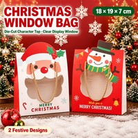 Weihnachtliche Geschenktüte mit Ausgestanztem Weihnachtsmann und Schneemann, Transparentem PVC-Fenster, Weißem Karton, 18x19x7cm, Goldenem Seilgriff, OEM-Box