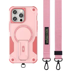 Kickstand Armor Magnetic Case with Strap for iPhone 15 Pro Max 14 13 Plus 12 Dual Layer Drop Protection Crossbody Phone Case