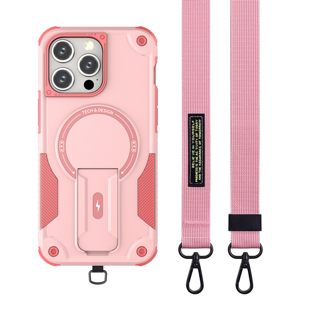 Kickstand Armor Magnetic Case with Strap for iPhone 15 Pro Max 14 13 Plus 12 Dual Layer Drop Protection Crossbody Phone Case