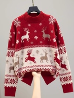 Pull de Noël pour femmes, motif renne et flocon de neige, jacquard, col montant, manches longues, tricoté, sur mesure, OEM, ODM, fabricant en gros