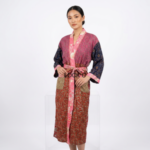 Nouvelle Arrivée - Robe Kimono Élégante Faite Main pour Femme en Coton, Col en V, Cordon de Serrage, Motif Floral, Longueur Genou, Patchwork, Peignoir de Bain et Tenue d'Intérieur - Product Image 1