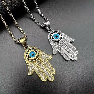Fatima's <b>Hand</b> Pendant Necklace Stainless Steel Gold Plated Rhinestone Blue Eye Unisex Gift Jewelry - Product Image 4