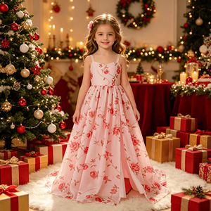 Vestido <span class=keywords><strong>de</strong></span> Princesa con Tirantes Finos y Estampado Floral, Vestido <span class=keywords><strong>de</strong></span> Fiesta con Cola Alta y Baja, Vestido <span class=keywords><strong>de</strong></span> Ceremonia para Niñas, Vestido <span class=keywords><strong>de</strong></span> Dama <span class=keywords><strong>de</strong></span> Honor - Product Image 4