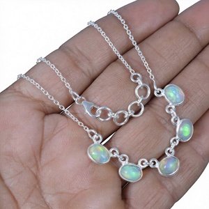 925 Silver <b>Opal</b> <b>Necklace</b> Chain Bezel Setting Classic Everyday Wear Unisex Jewelry - Product Image 1