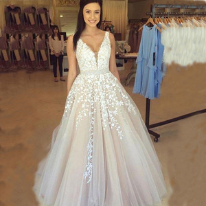 White Ball Gown Wedding Dress V Neck Backless Floral <b>Applique</b> Floor Length Natural Waistline Straps Summer Style - Product Image 1