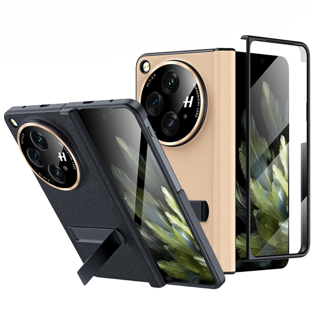 100% Genuine Leather All-Inclusive Protector Genuine Leather Phone Case with Luxury Metal Holder for Oneplus Open OPPOFindN3