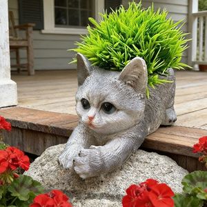 Pot de fleurs en résine en forme de chaton, jardinière décorative pour extérieur, couleur jaune et gris - Product Image 3