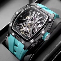 Montre sport mécanique pour homme avec boîtier carré en acier inoxydable, tourbillon, bracelet en silicone, aiguilles lumineuses, étanche