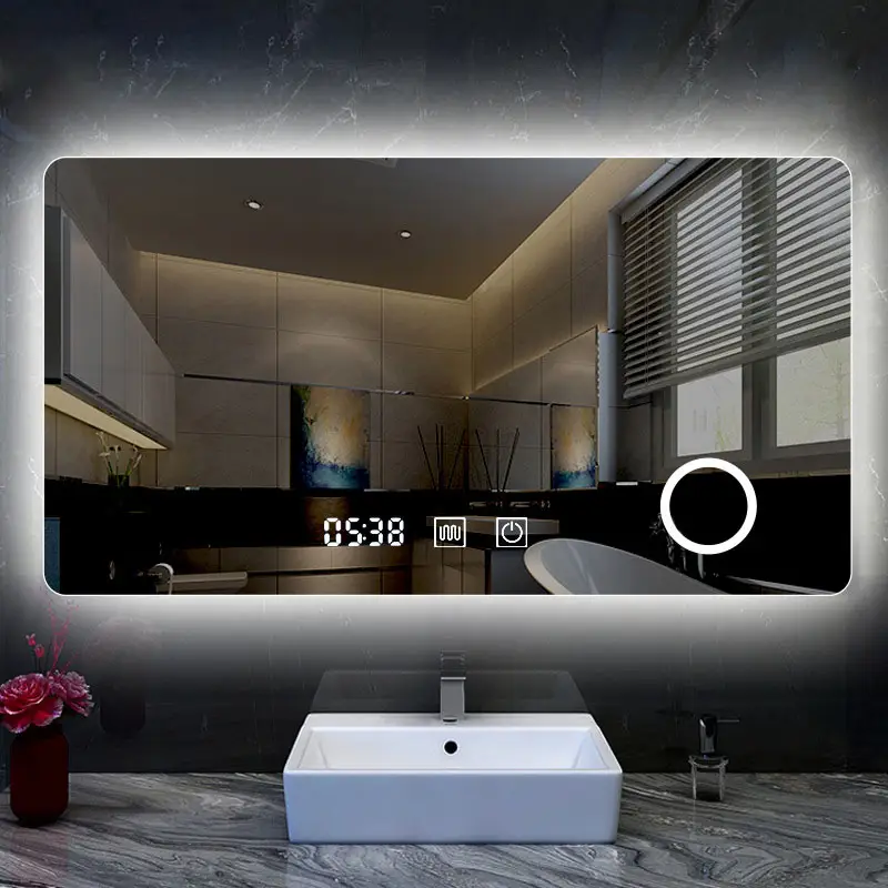 Customized Wall hanging Rectangle Smart Touch Screen HD Decorative Simple Morden Bluetooth Speaker Bathroom led mirror clock