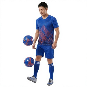 Ensemble de maillot de football bleu pour homme, col en V, manches courtes, uni, évacuation de l'humidité, polyester 460g, coupe athlétique, toutes saisons - Product Image 1
