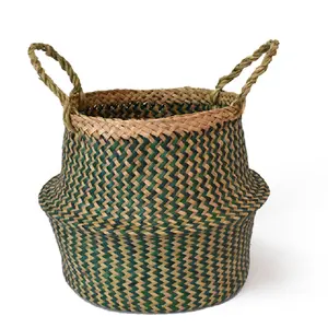 Rectangular Straw Storage Organizer Box Garden Decors Hand Woven Seagrass Hamper Baskets Wholesale With Leather Handles