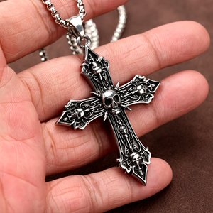 Stainless Steel <b>Cross</b> Pendant With Skull Design For Men Punk Jewelry Fashion Accessory - Product Image 1