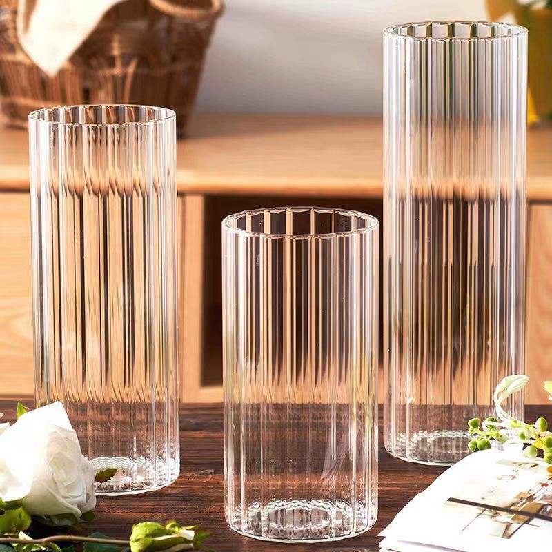 HJ230114 Wohnzimmer Große Bodendekoration Transparente Streifen-Glasvase Zylindrische Klare Kunstvase für Hochzeiten| Alibaba.com