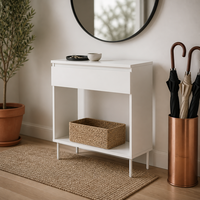 Console d'appoint moderne blanche avec tiroir et rangement ouvert, meuble d'appoint à pieds métalliques pour salon