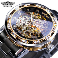 Montre-bracelet mécanique squelette de luxe pour homme Winner, design royal, haut de gamme, transparente, mode, diamant, lumineuse, ovale, 22 mm, jour
