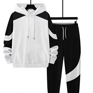 Men's <b>White</b> Black Color Blocking Hoodie <b>Jogger</b> Set Casual Autumn Wear Knitted Cotton Sweatshirt Pants Outfit - Product Image 2