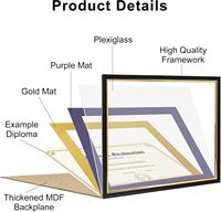 Cadre de diplôme Mondon 11x14 avec passe-partout doré motif forêt, cadre de certificat 14x17 en bois véritable avec bordure dorée, cadre noir avec acrylique