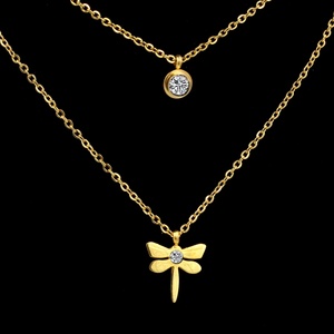 Collar de Acero con Colgante de Libélula de Doble Cadena Chapado en Oro de 14k para Mujer - Product Image 1
