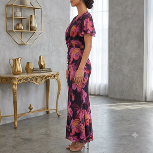 Vestido midi con estampado floral para mujer, talla grande, cuello en V, fruncido, para fiesta de verano - Product Image 2