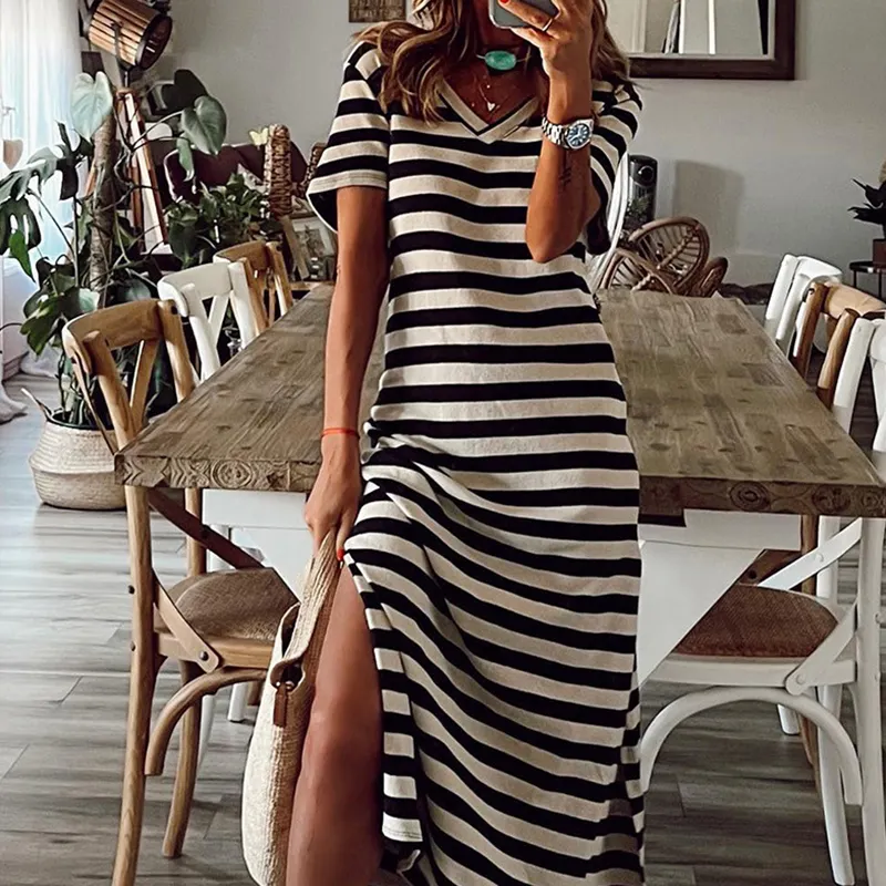 Summer V Neck Short Sleeve Stripe Slit Midi T Shirt Dress Custom Women Casual Dresses