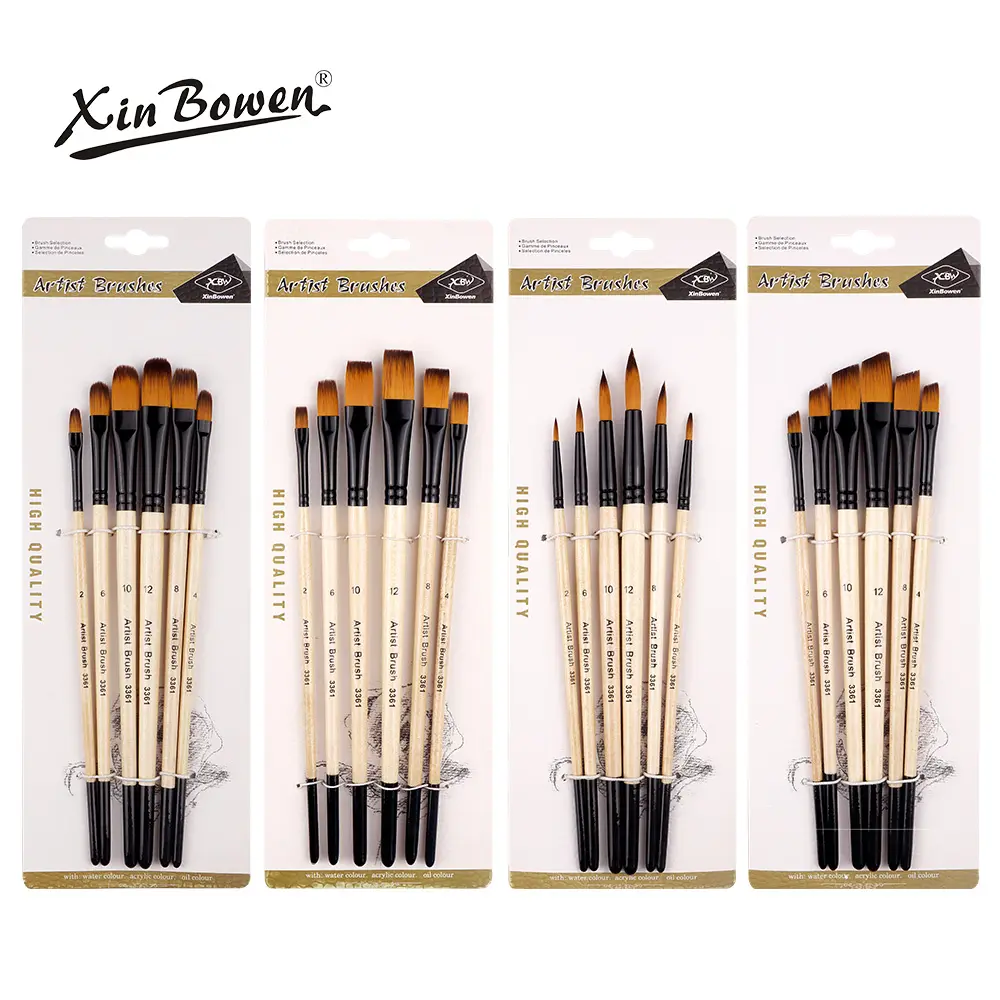 Xin Bowen pinceau d'artiste 6 pièces ensemble manche en bois naturel avec pinceaux à cheveux en nylon Kit pour l'art acrylique aquarelle peinture