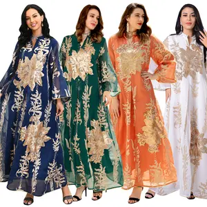 中东跨境金珠绣花纱穆斯林妇女贾拉比亚迪拜阿拉伯阿巴亚