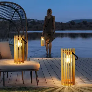 Modern Outdoor Decoration Solar Lanterns Hanging Garden Lights Ip65 Waterproof Bamboo Lamp with Handles For Patio Yard