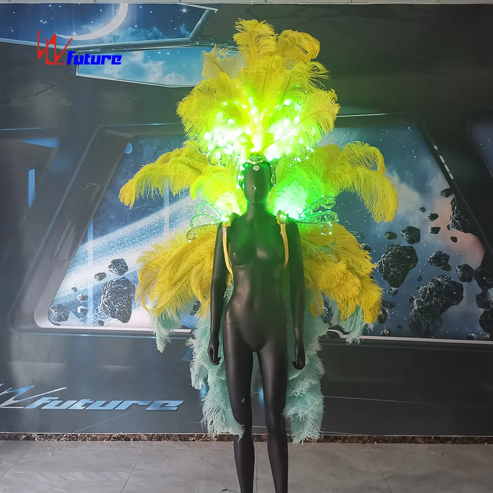 Traje de baile de samba con luz LED que brilla en la oscuridad Traje de baile T-stage Show Disfraces sexy con alas de plumas Mujeres inalámbricas