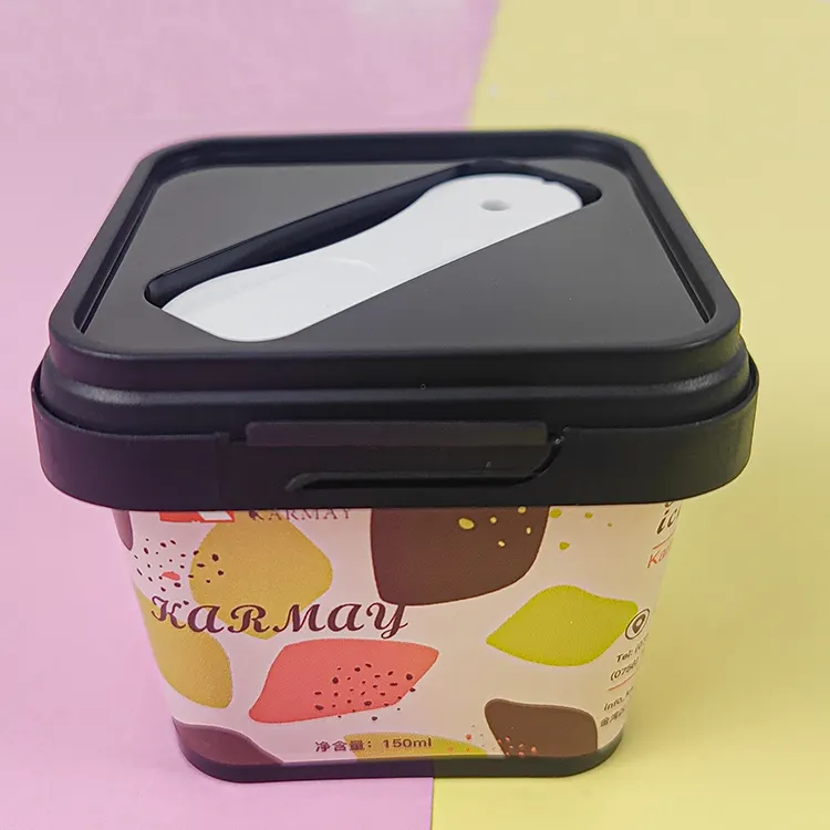 Contenitore per alimenti a prova di manomissione singolo usato In plastica da 150ML quadrato nello stampo etichetta gelato scatola con coperchio e cucchiaio