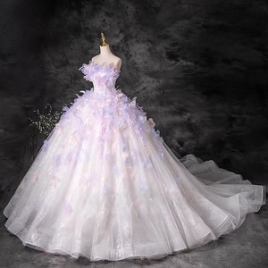 Pink Strapless Ball Gown Wedding Dress Empire Waist Floral Print Long Train Princess Style - Product Image 2