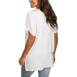 T-shirt femme col en V à œillets, manches courtes, fentes latérales, haut d'été respirant en coton tissé - Product Image 4