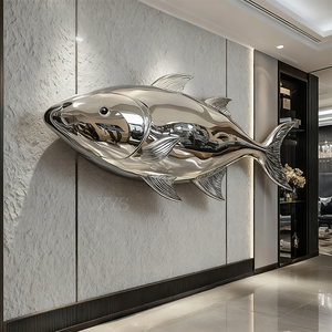 Scultura Murale di Pesci in Acciaio Inossidabile Lucidato a Specchio, Decorazione Personalizzata per Lobby in Stile Moderno e Lussuoso - Product Image 1