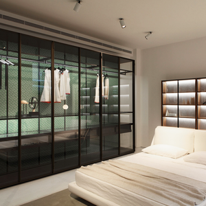 <span class=keywords><strong>Armoire</strong></span> coulissante à deux portes en verre dépoli avec cadre en acier profilé en aluminium de style italien, serrure électromagnétique - Product Image 1