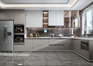 Isola <span class=keywords><strong>per</strong></span> Cucina in Laminato Personalizzata con Rubinetto, <span class=keywords><strong>Mobile</strong></span> Modulare a Parete, <span class=keywords><strong>Dispensa</strong></span>, Armadietti Laccati Grigi in Vendita - Product Image 5