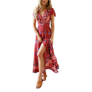 Abito Lungo Estivo di Tendenza di Alta Qualità, Sexy con Scollo a V Profondo, Stampa Floreale, Casual, Manica Corta, Stile Boho per Vacanze - Product Image 2
